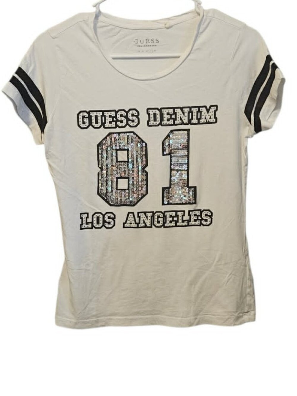 Guess Jeans Size L White Sequined Graphic Logo Women's T-Shirt